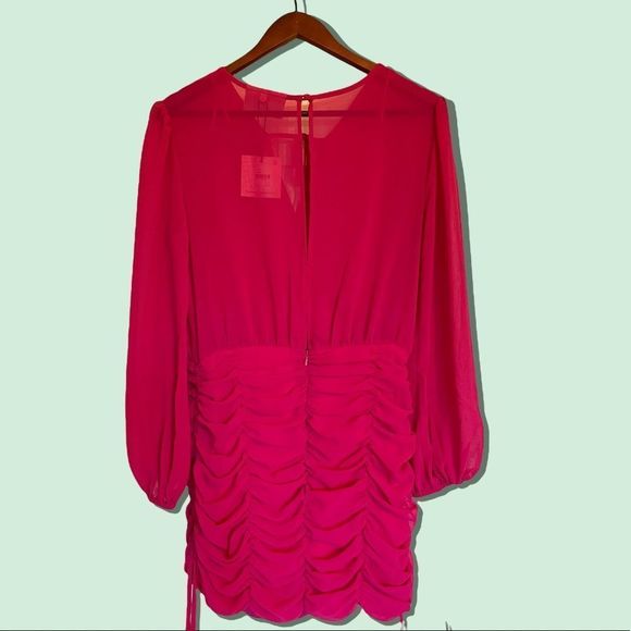 NWT Finders Keepers - Fuchsia Pink Pia Dress Rouched Long-Sleeve Minidress - M - Picture 4 of 13